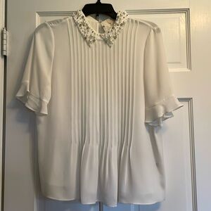 Kate spade silk georgette embelished collar short sleeve loose fit blouse